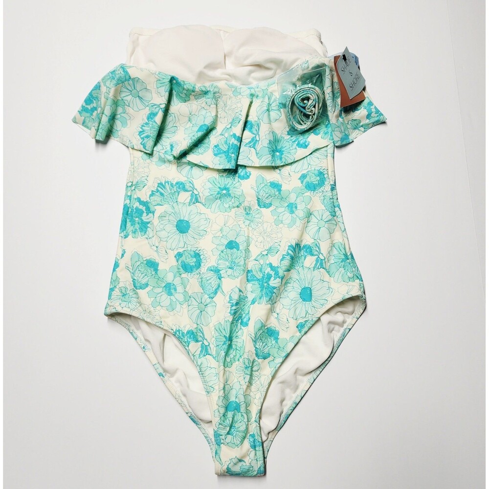 NWT Shade And Shore Floral Print Ruffle Bandeau Cheeky One Piece Swimsuit NEW
